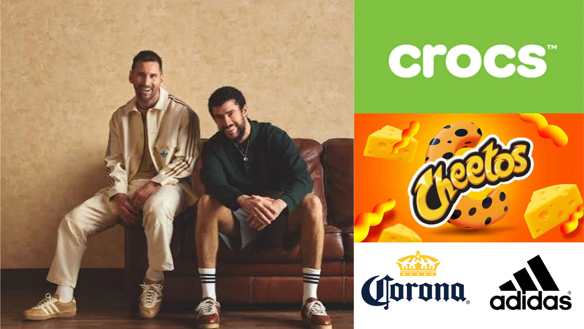 Composite graphic showing Lionel Messi and Bad Bunny sitting together alongside logos for Crocs, Cheetos, Corona, and Adidas.