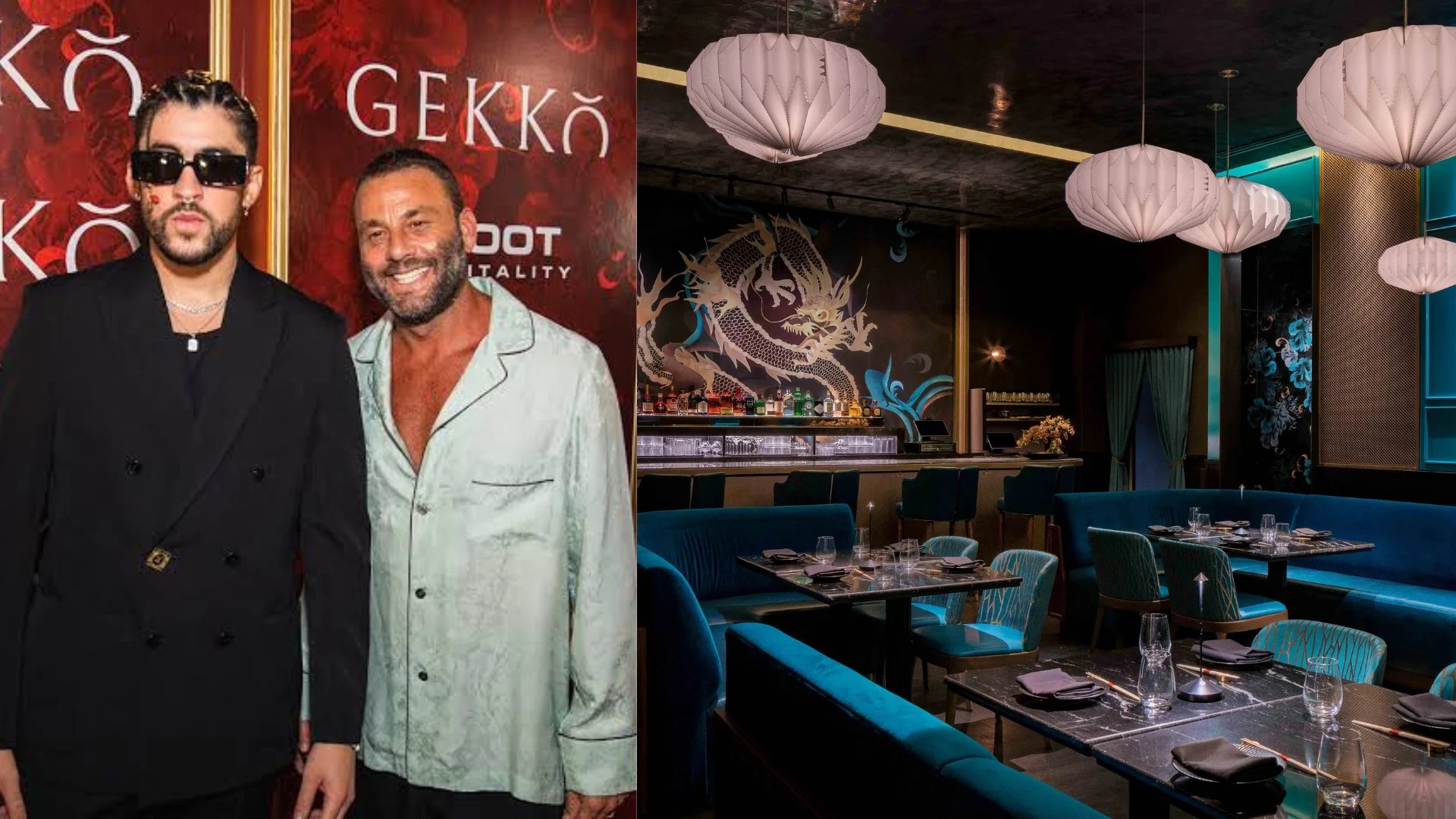 Bad Bunny standing alongside David Grutman outside Gekkō Japanese steakhouse in Miami.