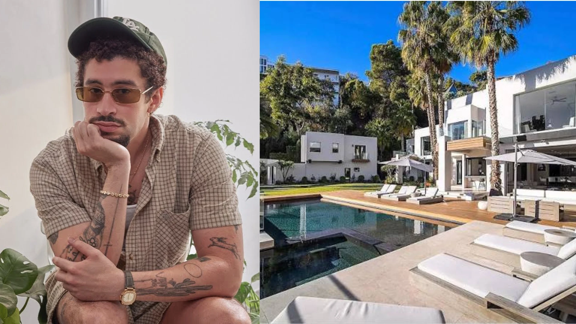 Composite image showing Bad Bunny seated next to a luxury modern mansion with a swimming pool.