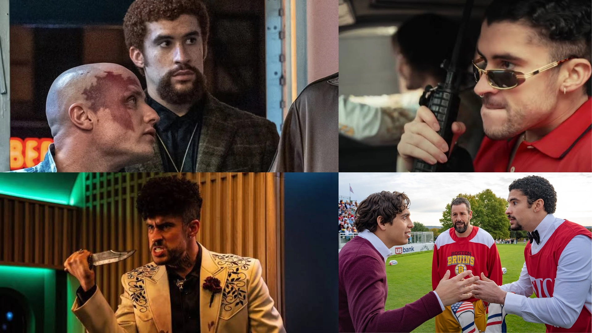 Four-panel composite image showing Bad Bunny in various film and television roles including Bullet Train, Happy Gilmore 2, Caught Stealing, and WWE.