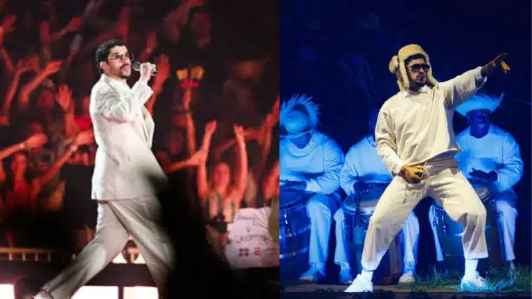 Bad Bunny performing on stage, representing his music career, touring success, and estimated net worth.