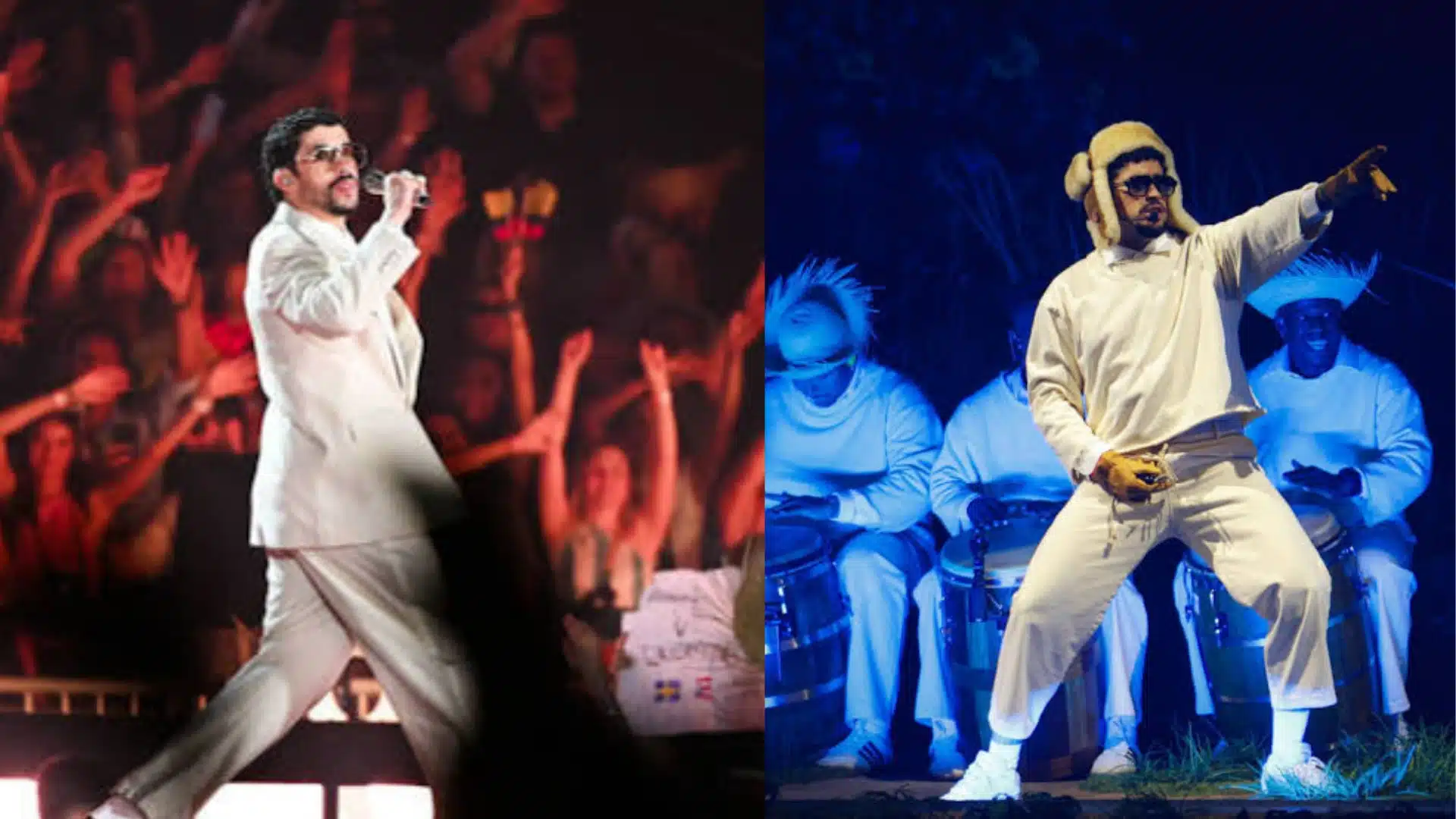 Bad Bunny performing on stage, representing his music career, touring success, and estimated net worth.