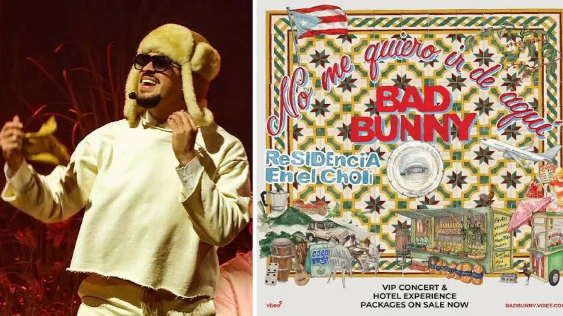 Composite image of Bad Bunny performing on stage next to a promotional poster for his No Me Quiero Ir de Aquí residency in Puerto Rico.