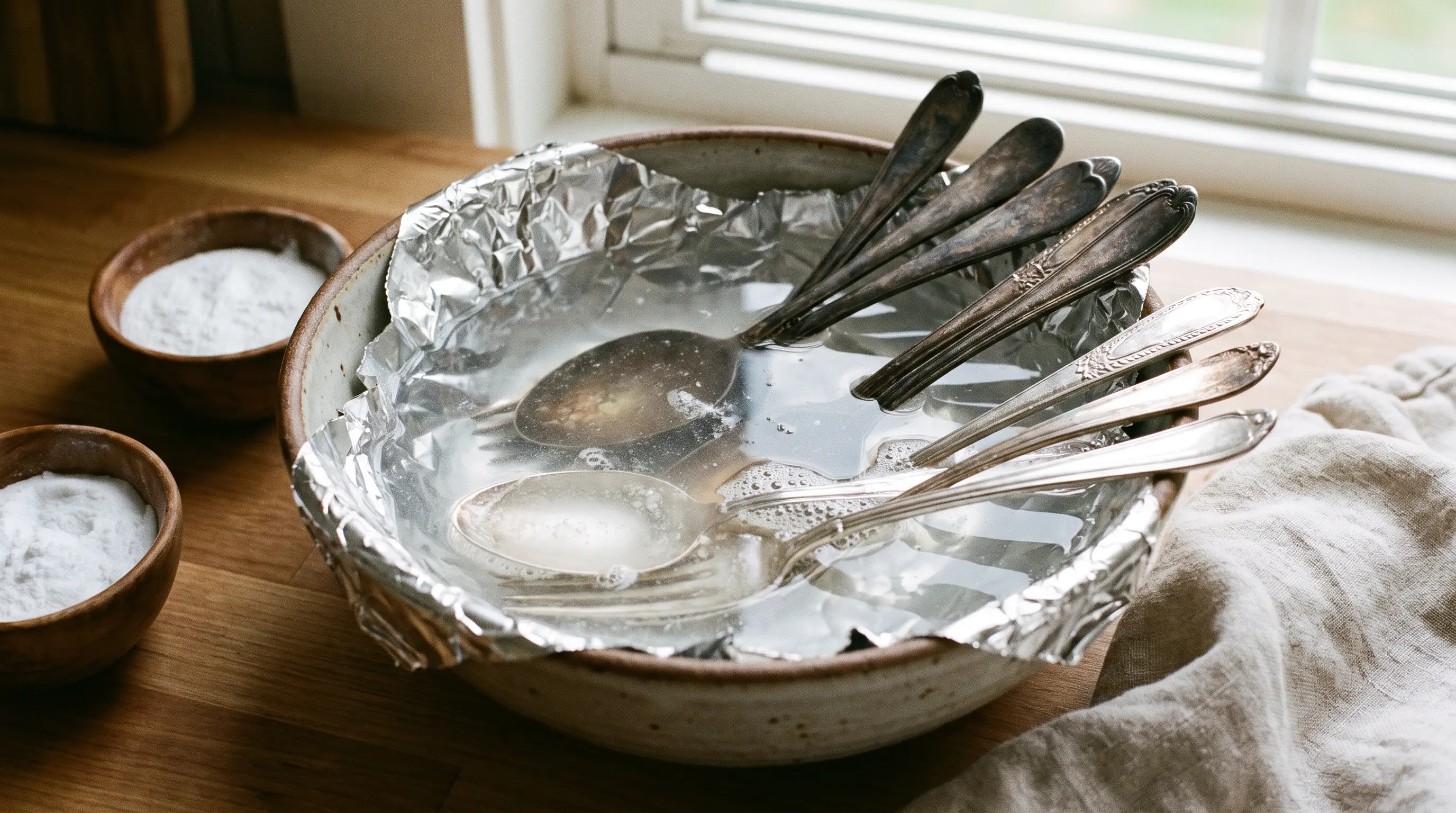 Silver spoons soaking in baking soda and aluminum foil solution to remove tarnish