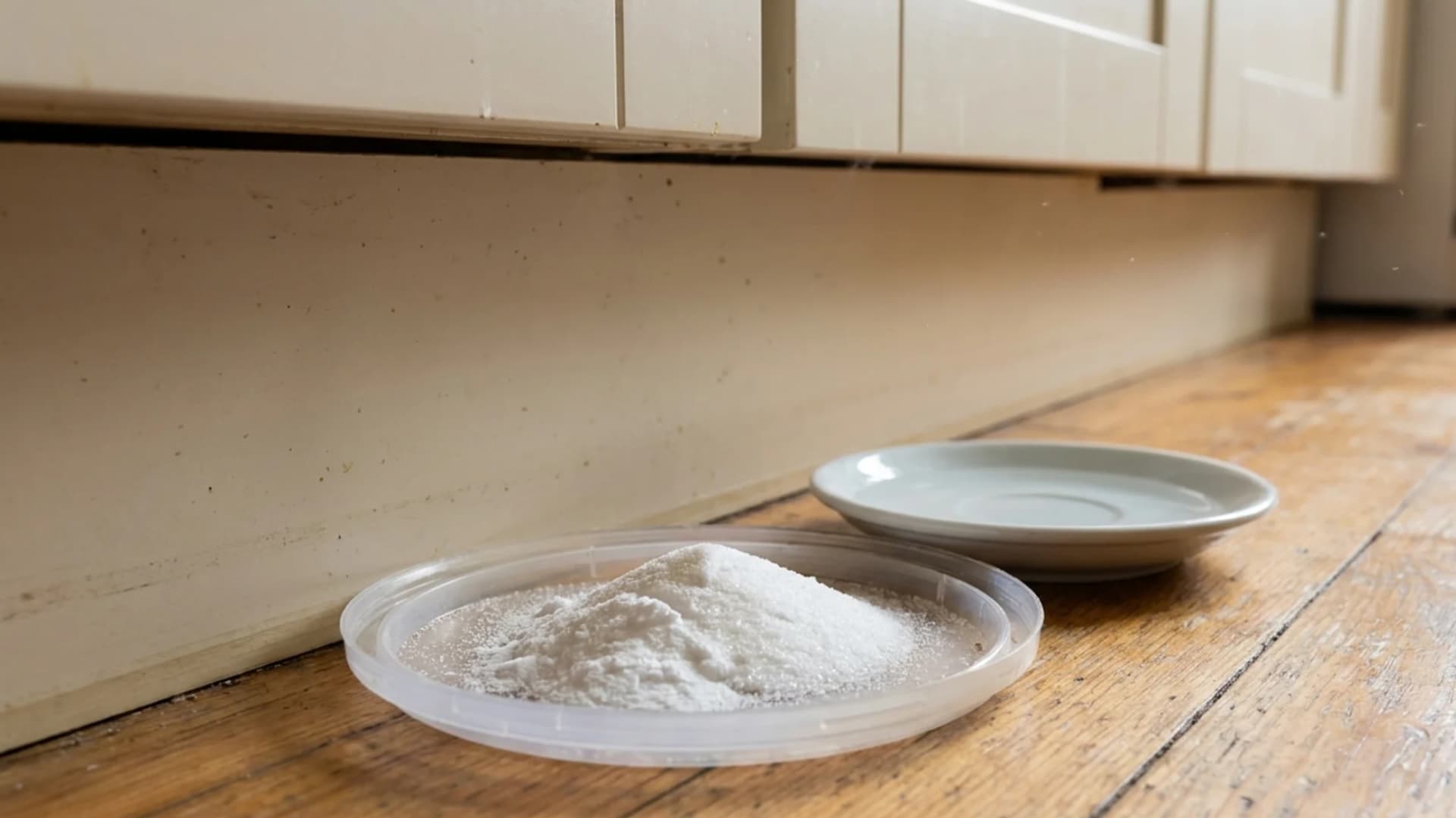 Baking soda and sugar mixture in a small shallow lid next to a dish of water on a kitchen counter, close-up shot.