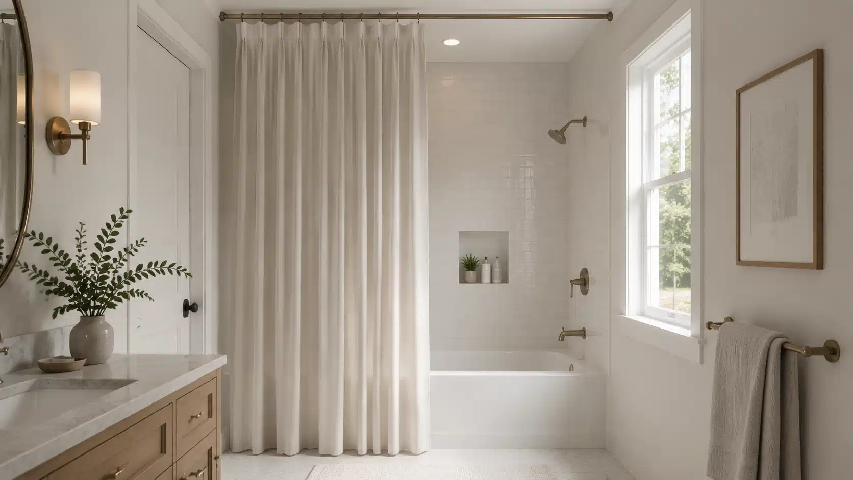 Bathroom shower curtain mounted near the ceiling to create a taller appearance and make the space feel more open.