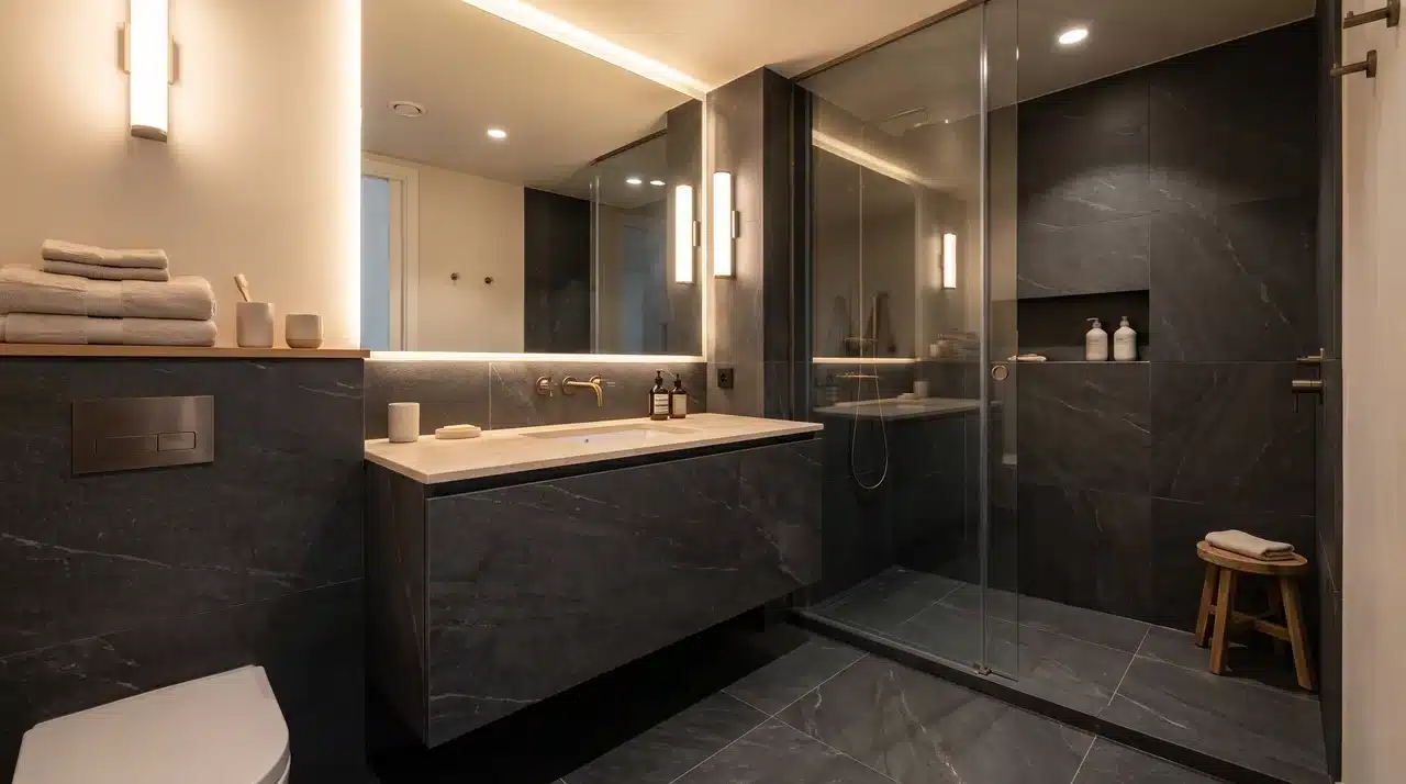 Bathroom with continuous dark tile flooring extending across the floating vanity front