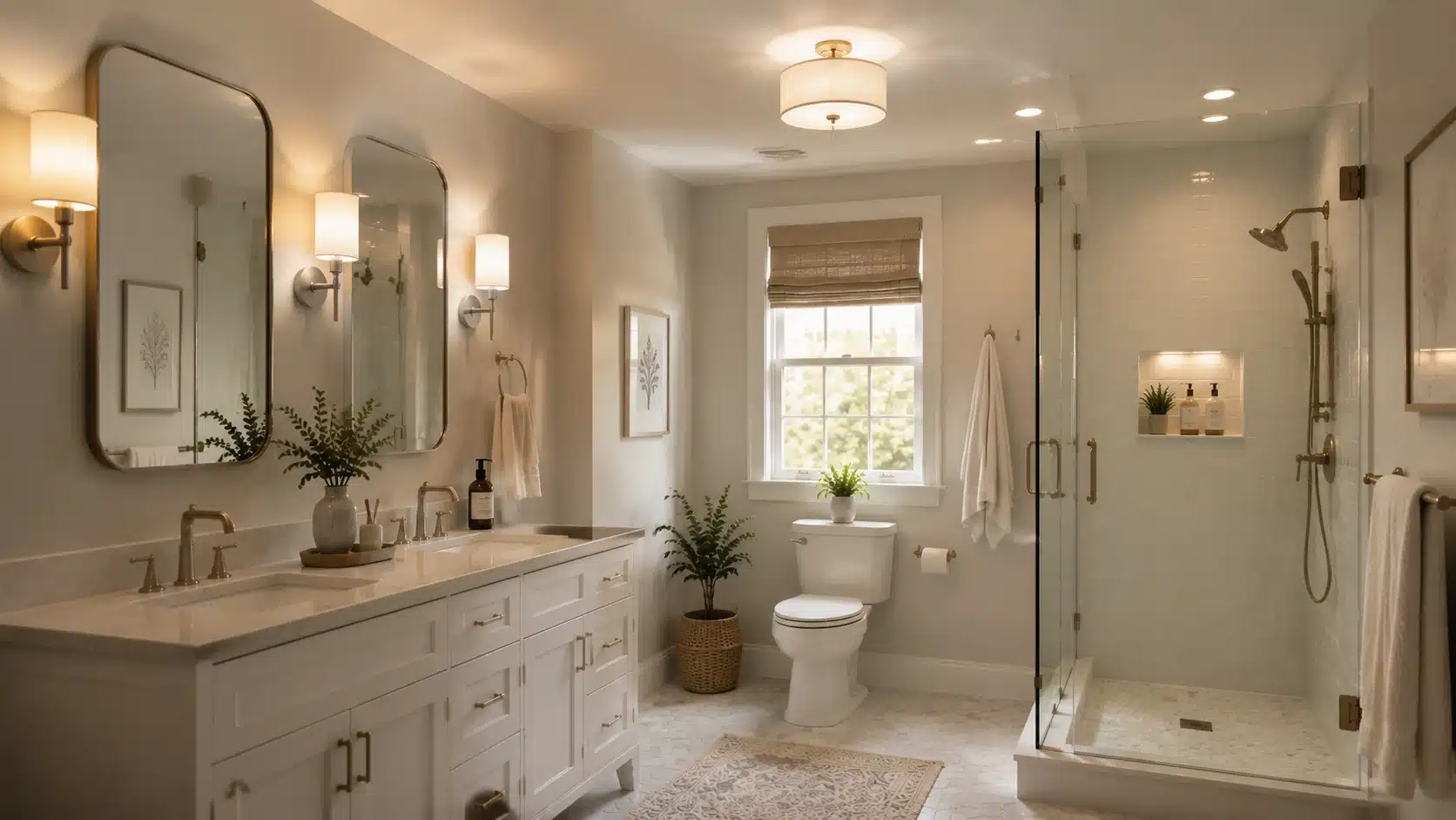 Bathroom with layered lighting featuring mirror sconces, ceiling fixtures, and warm ambient lights for balanced illumination.