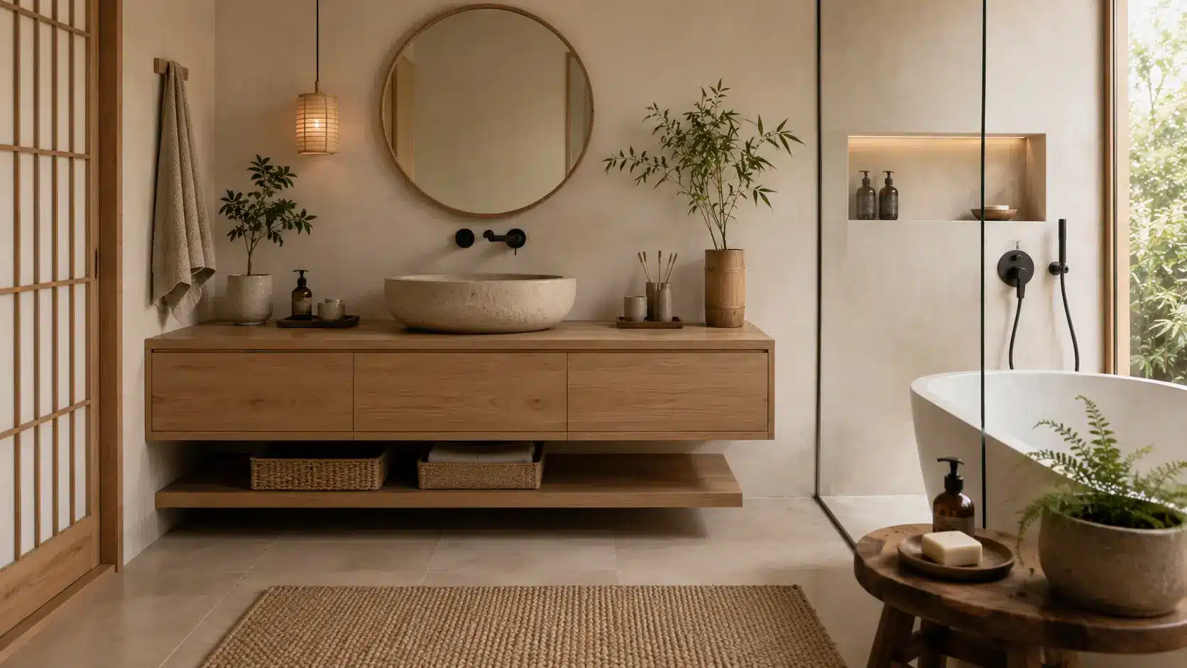 Japandi bathroom with a wood vanity, stone vessel sink, round mirror, soaking tub, plants, and minimalist natural decor.
