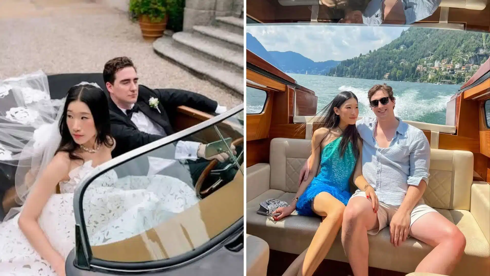 Becca Bloom and husband David Pownall on their wedding day and riding a boat on Lake Como.