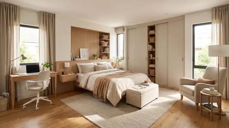 Modern bedroom layout showing balanced furniture placement, storage, and open walking space.