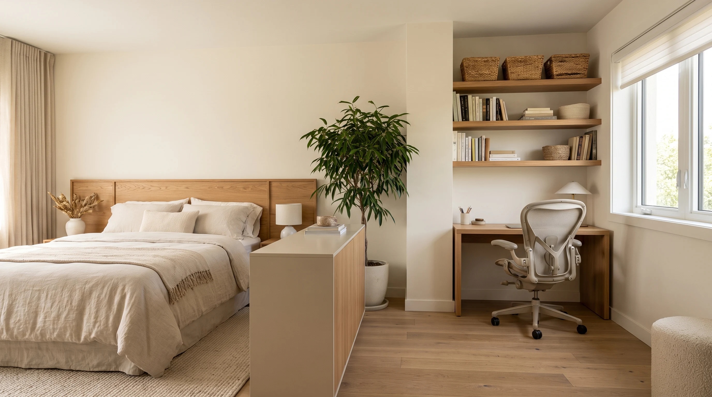 Bedroom layout featuring a compact home office area with desk and storage