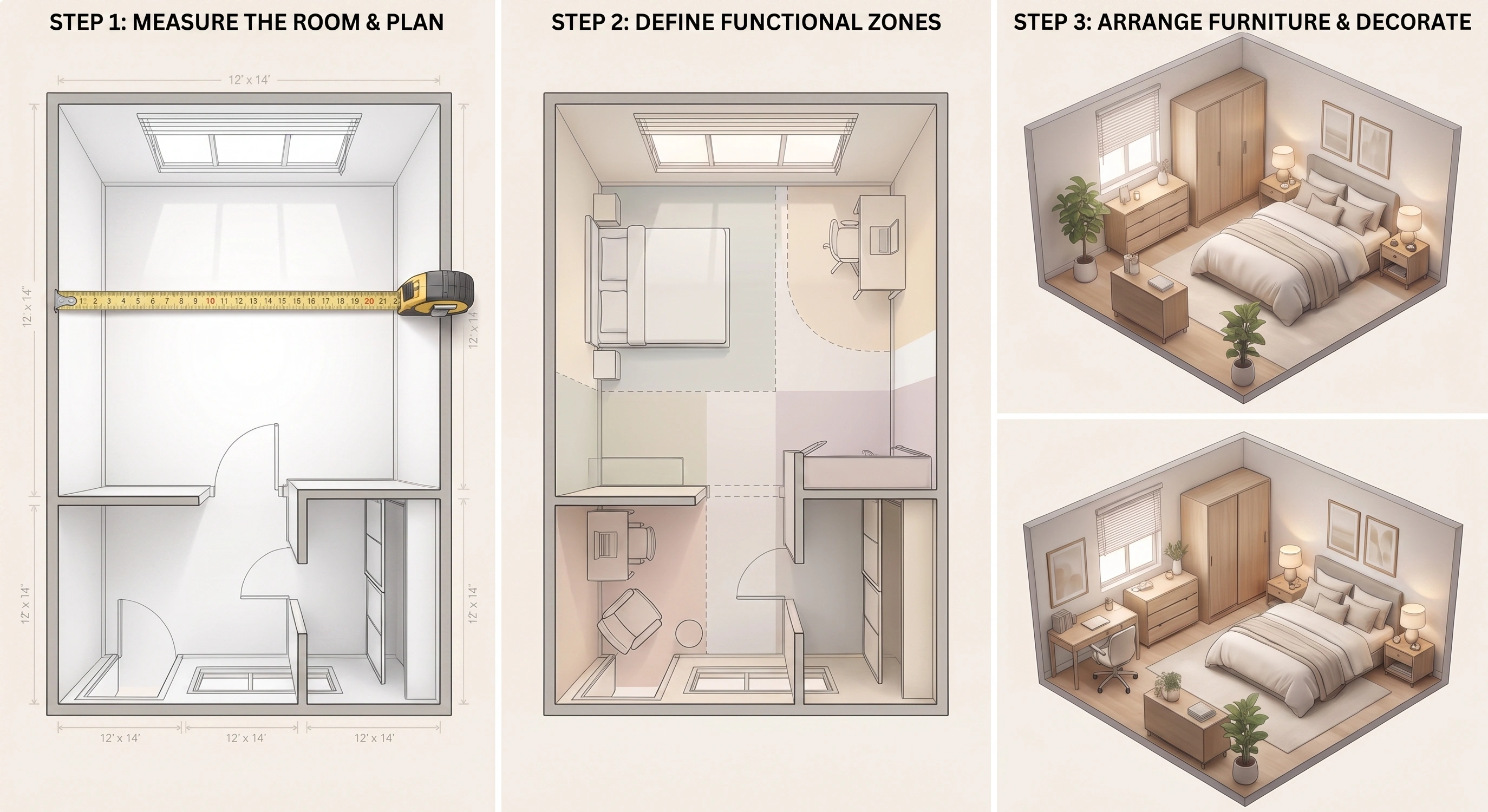 Bedroom layout planning collage showing room measurement, functional zones, and furniture arrangement steps.