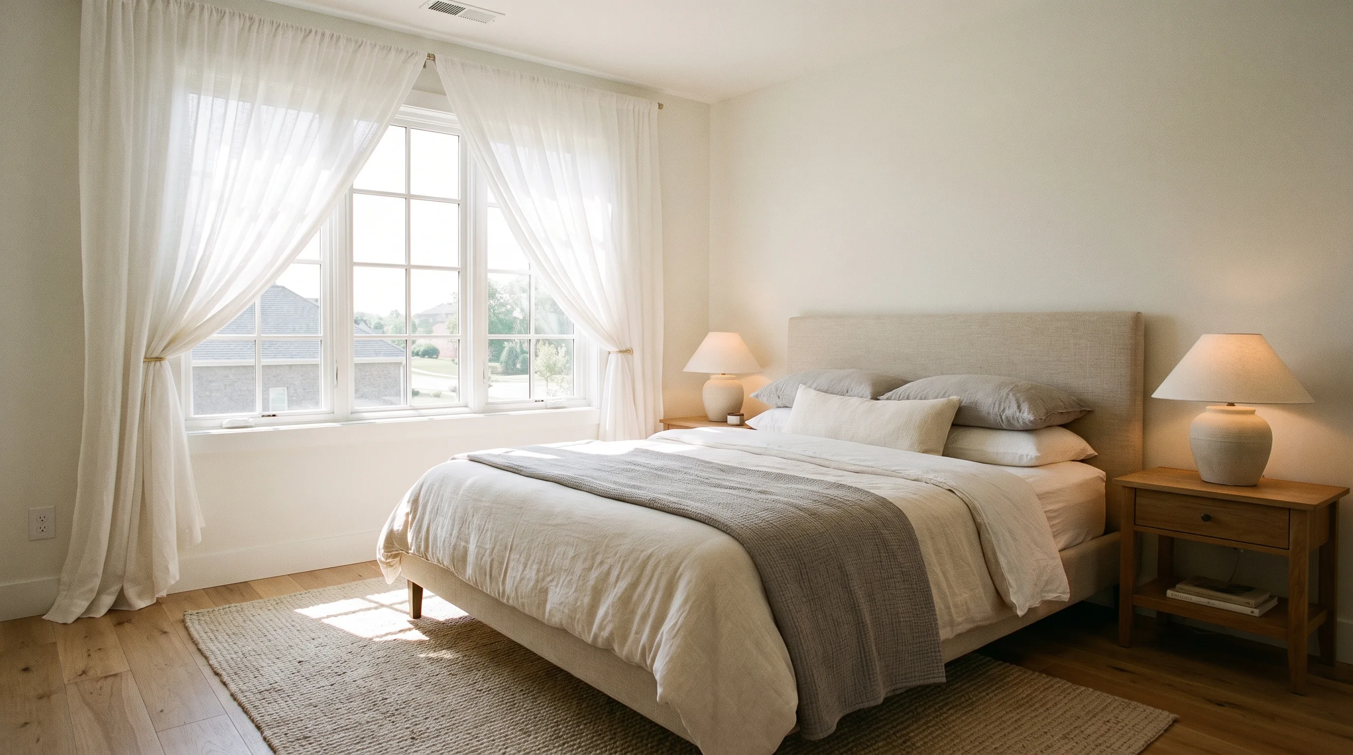 Bedroom with bed placed under window using low headboard and natural light