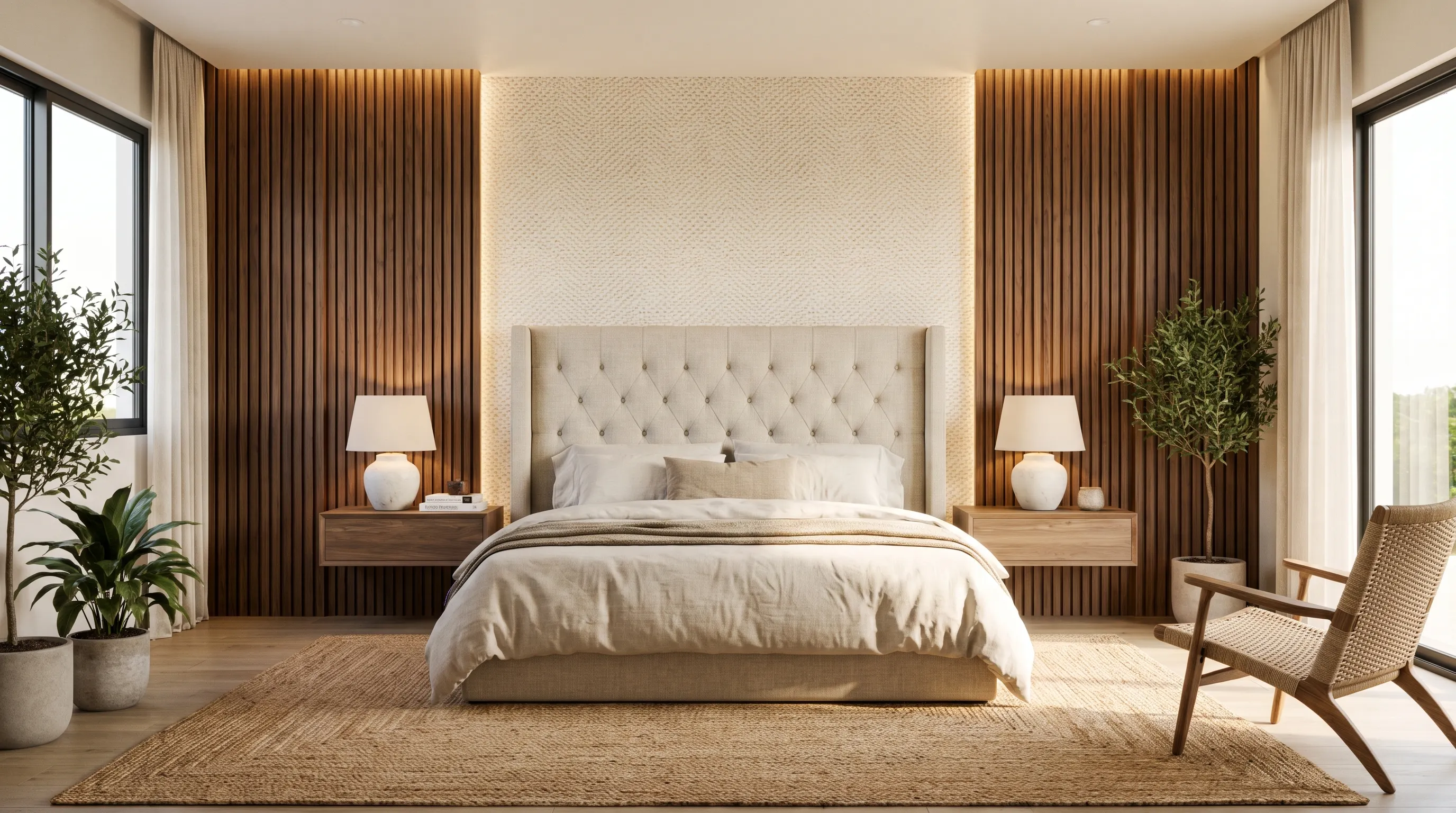 Bedroom with statement wall behind bed and simple balanced furniture