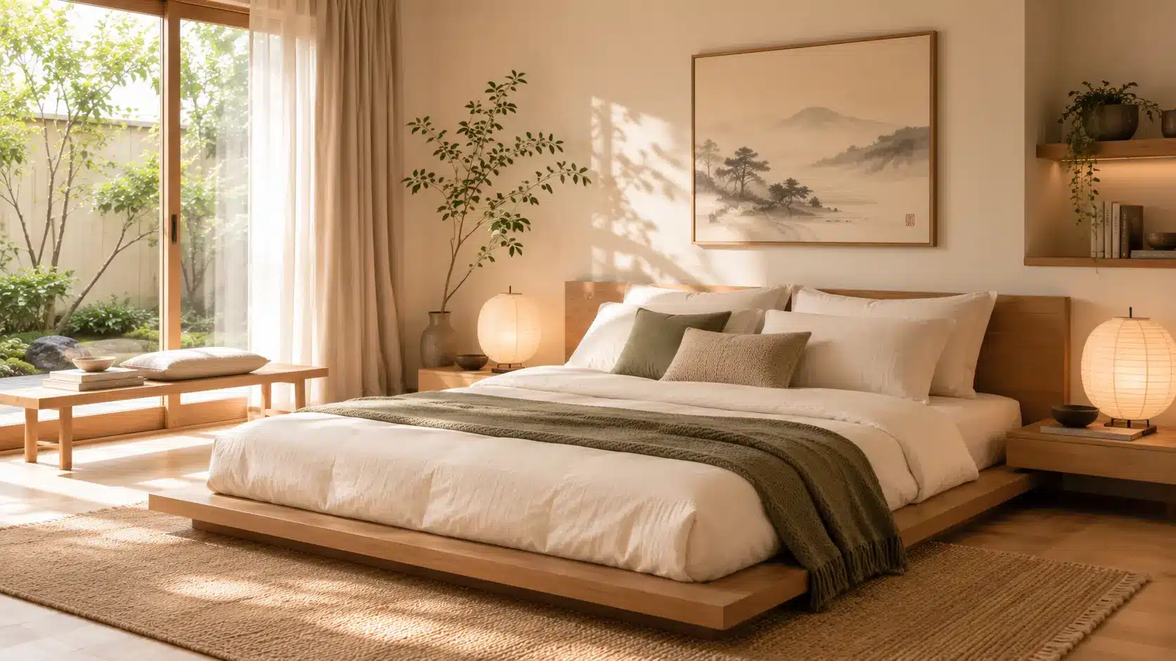 Japandi bedroom with a low wooden bed, paper lamps, neutral bedding, indoor plants, and large windows with garden views.