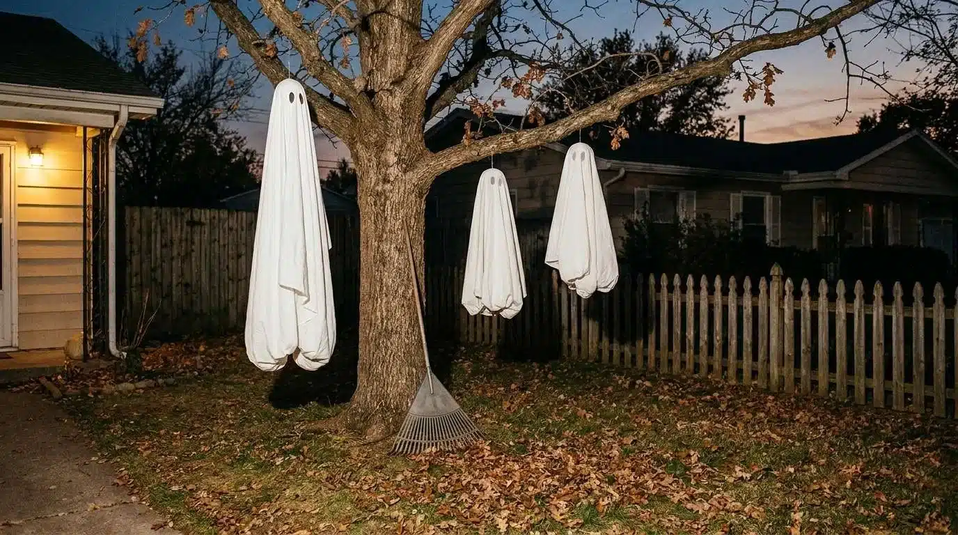 Bedsheet ghosts hanging from a tree in a front yard
