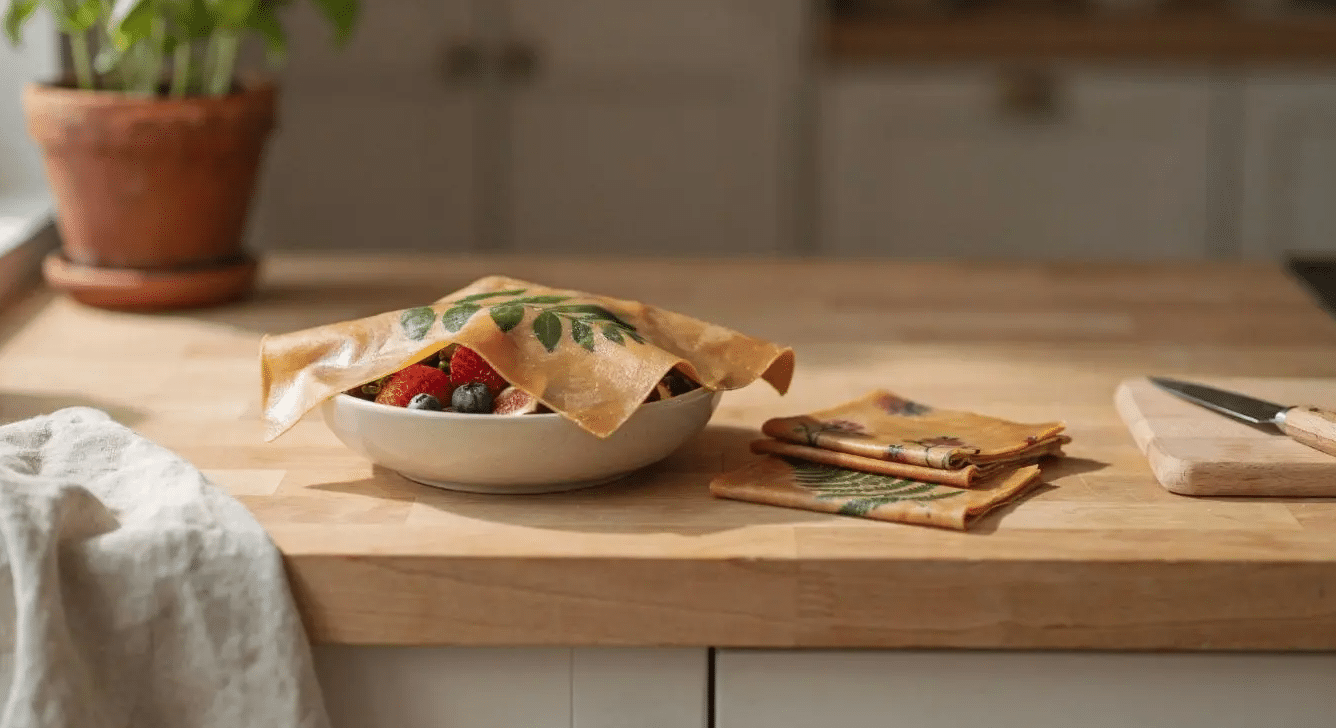 Beeswax food wrap with pressed leaf covering a fruit bowl
