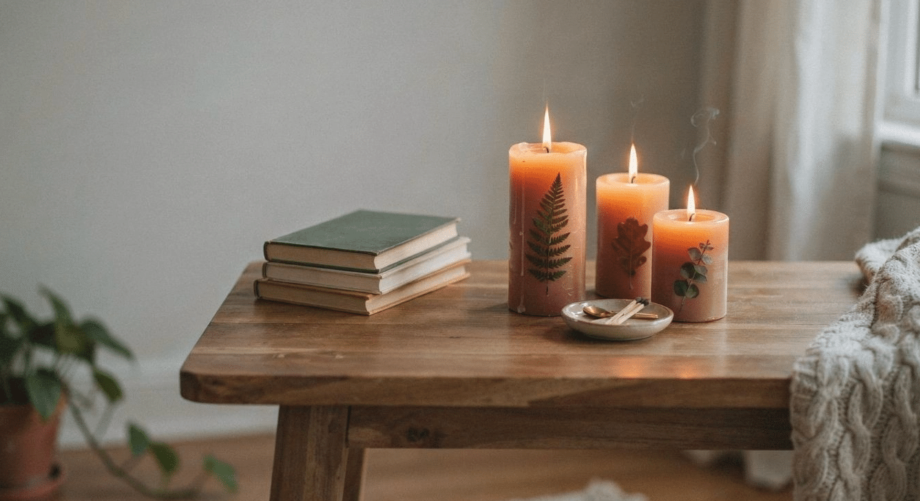 Beeswax pillar candles with pressed leaves glowing on a side table
