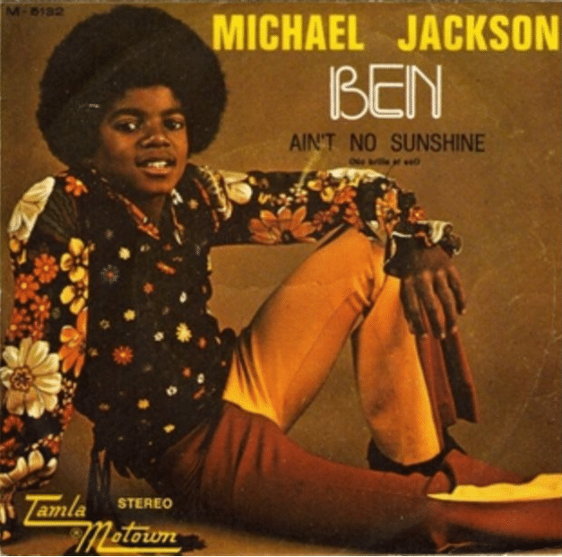 Ben album cover featuring Michael Jackson seated in a floral shirt with the album title displayed.