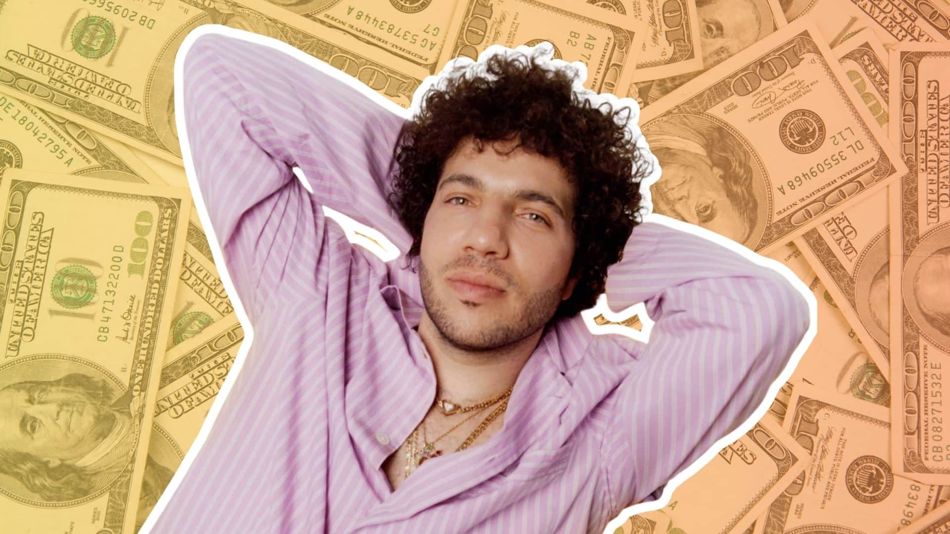 Benny Blanco in a pink striped shirt against a background of U.S. dollar bills.