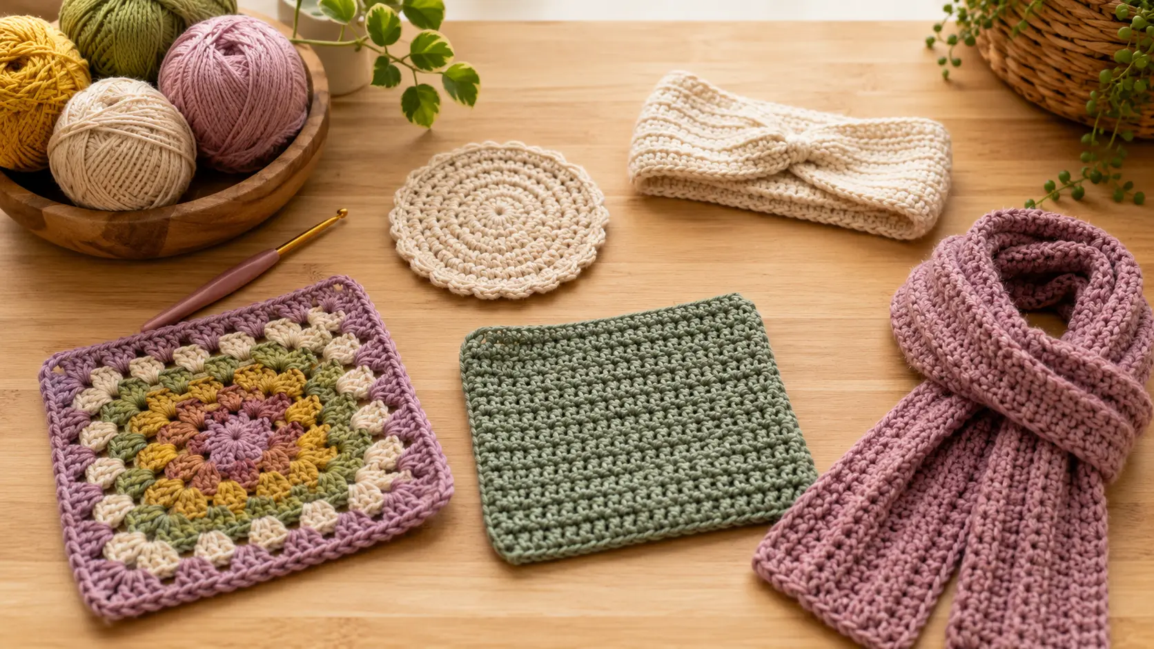 Beginner crochet projects, including a granny square, coaster, dishcloth, headband, and scarf, arranged with yarn and a hook.