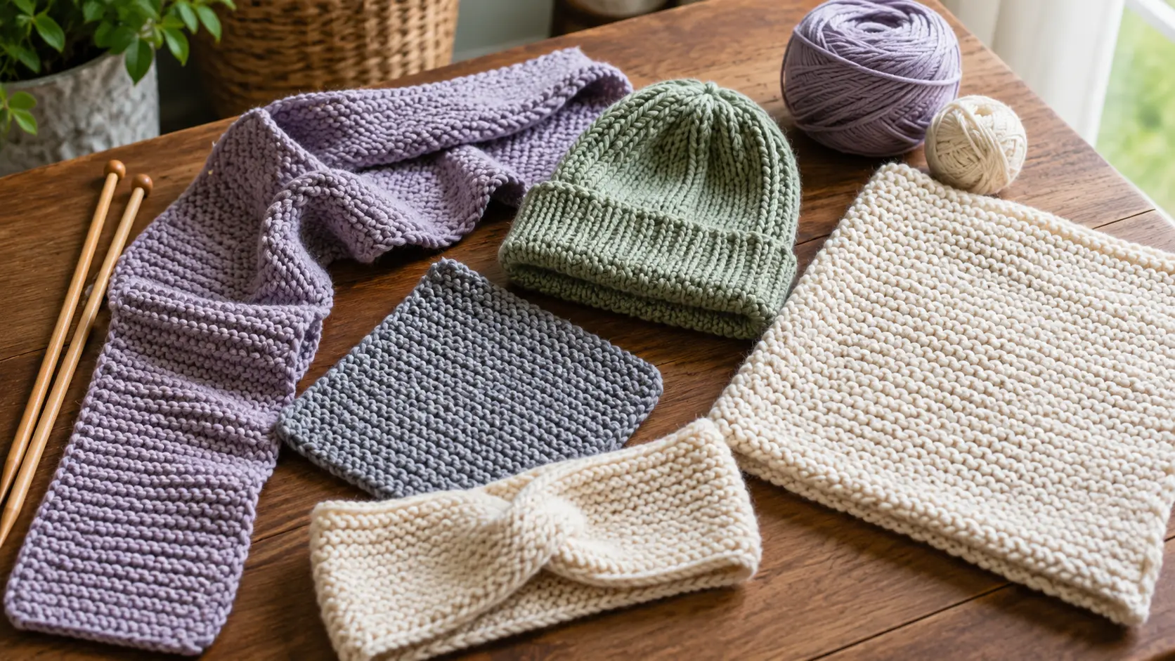 Beginner knitting projects including a scarf, dishcloth, headband, beanie, and blanket square arranged with yarn and wooden needles.