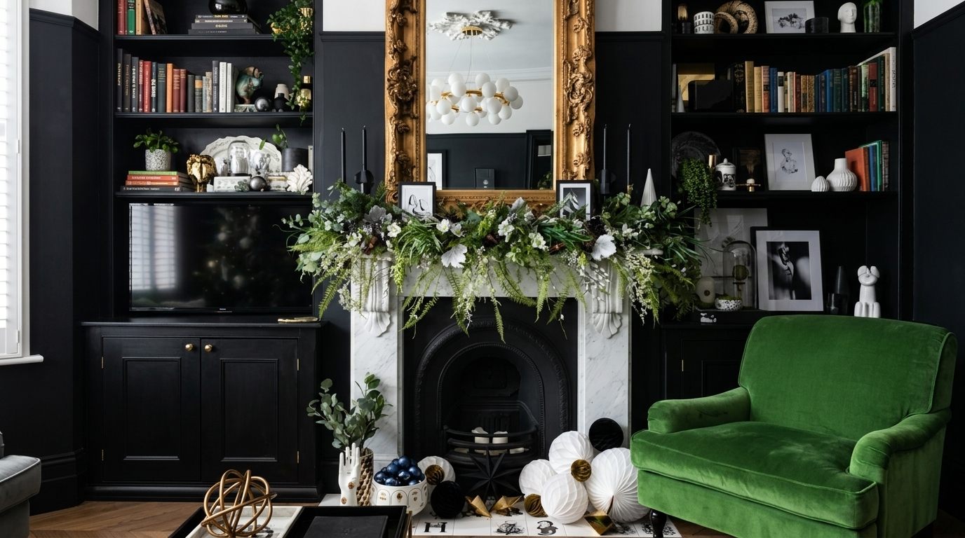 Black and white fireplace mantel decor with monochrome accessories.