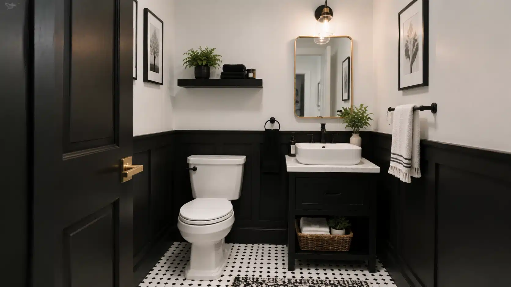 Black and white half bathroom with monochrome finishes, dark fixtures, white tiles, and simple modern decor.