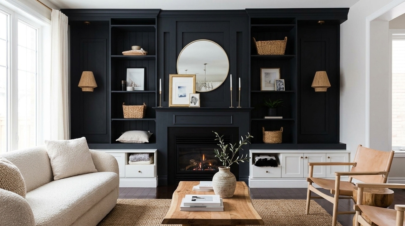 Matte black fireplace accent wall with a sleek fireplace and contemporary decor.