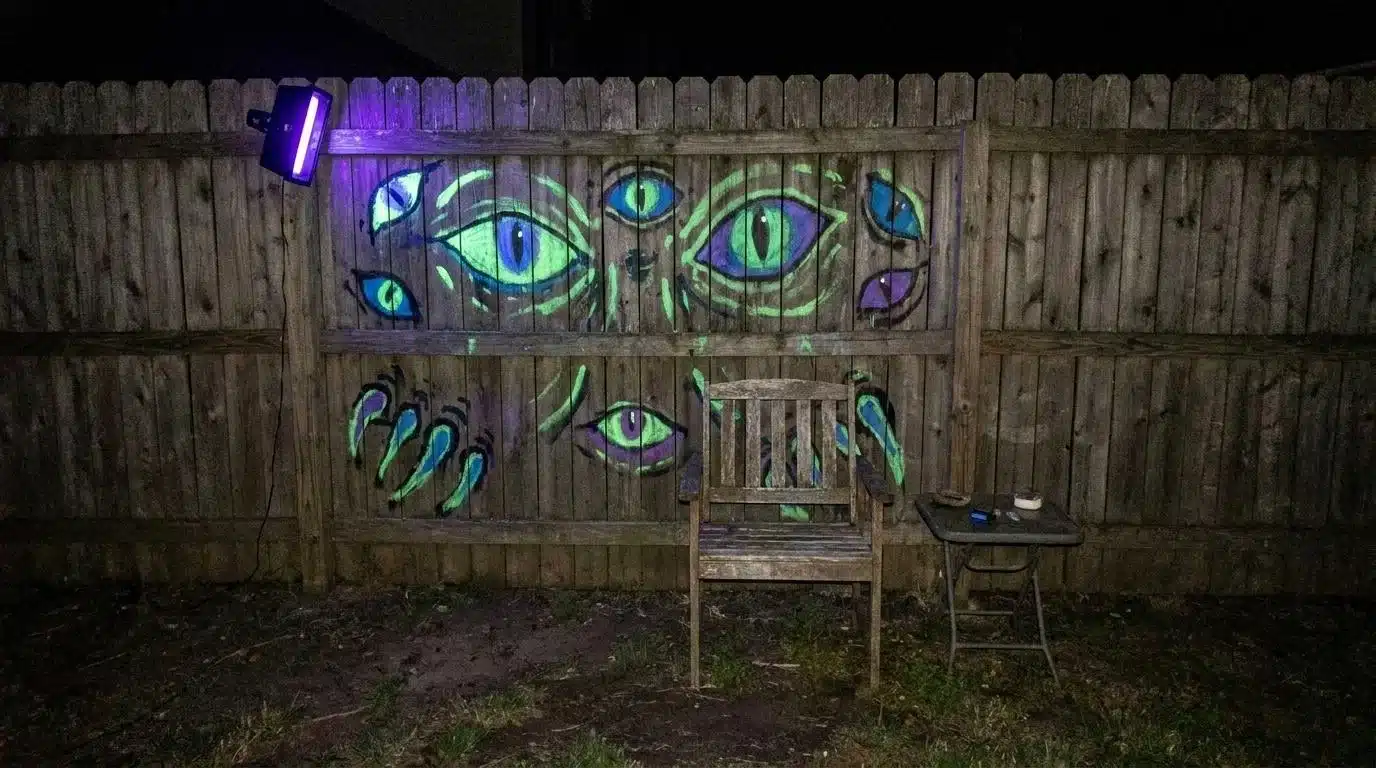 Black light glowing fence art in a backyard