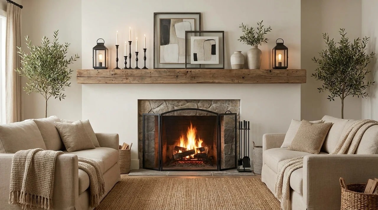 Farmhouse fireplace mantel with black metal decorative accents.
