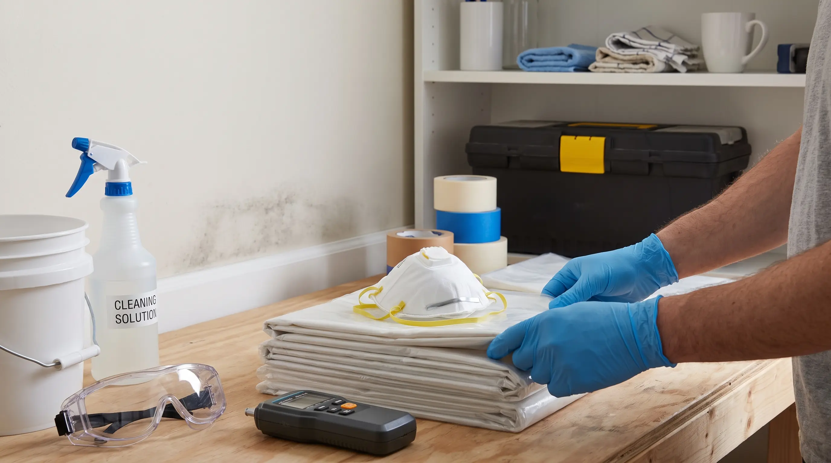 Protective equipment and cleaning supplies prepared for black mold cleanup