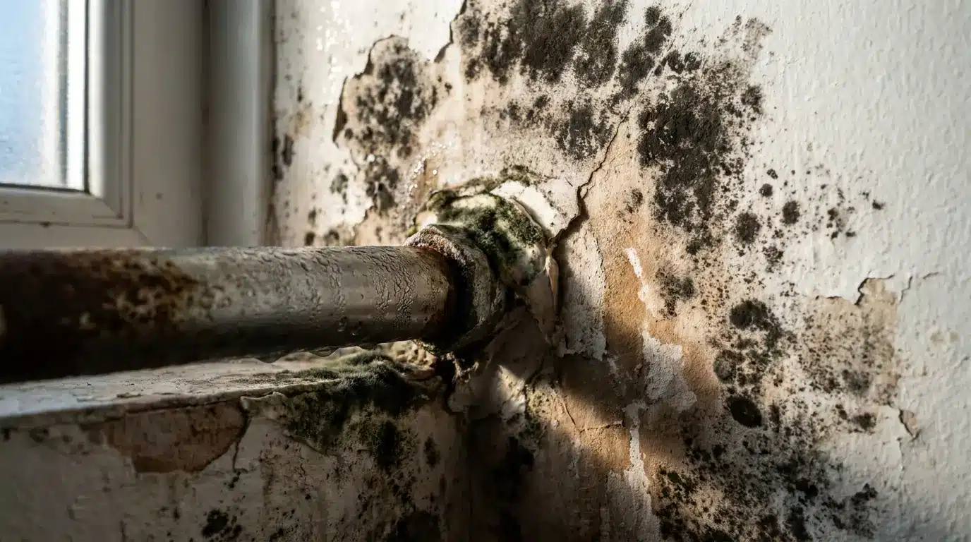 Different shades of black mold growing on a damp bathroom wall with peeling paint and moisture damage