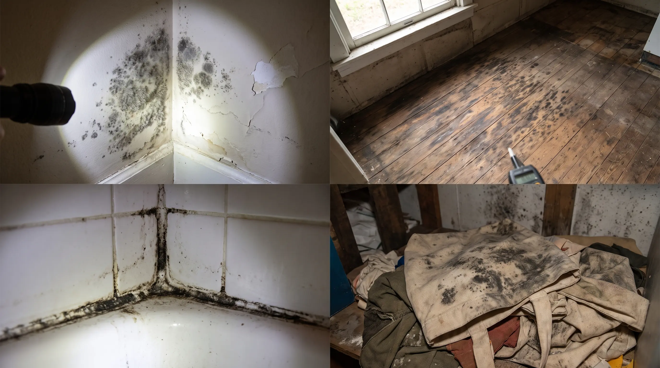 Black mold growing on drywall, wood, tile grout, and fabric surfaces