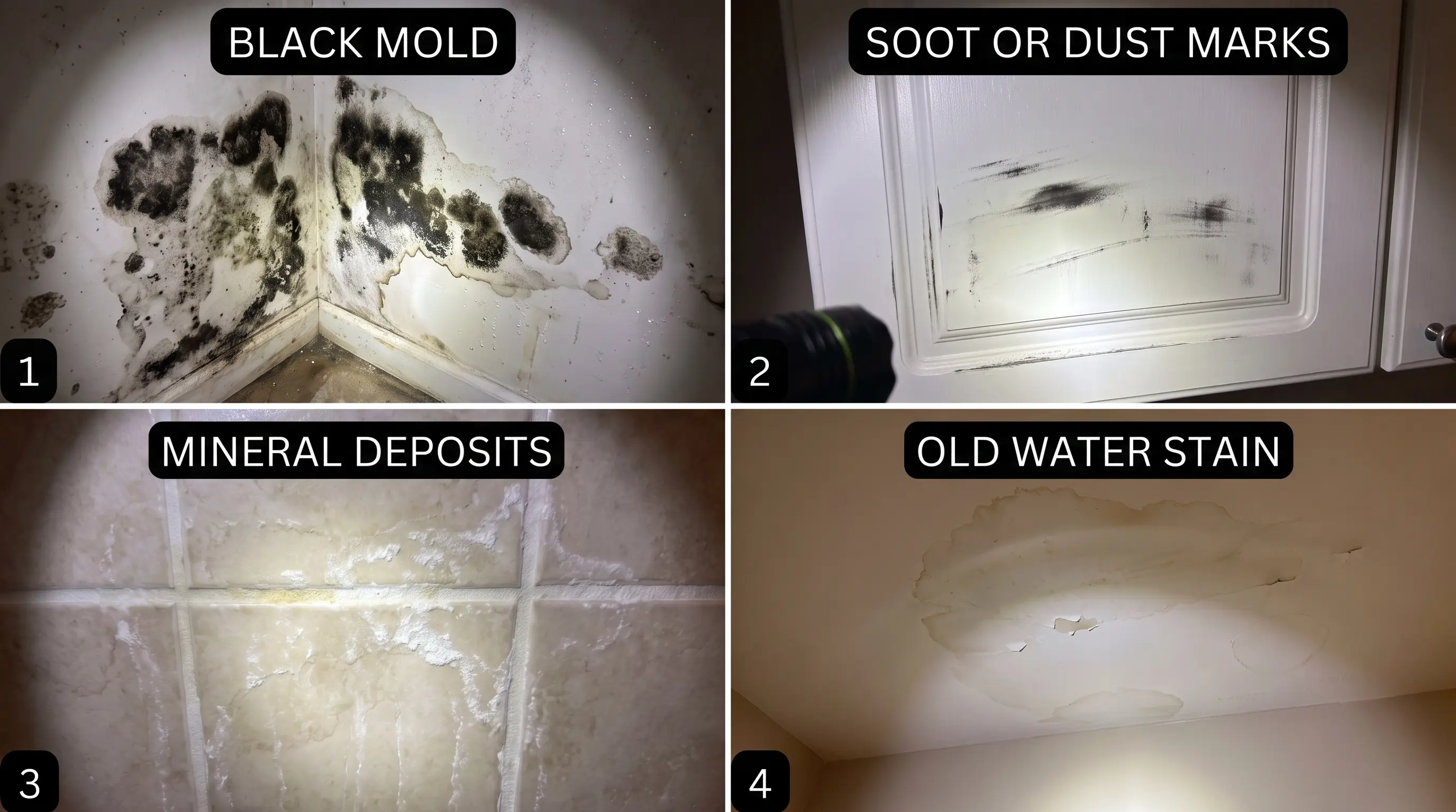 Black mold compared with soot marks, mineral deposits, and old water stains on household surfaces