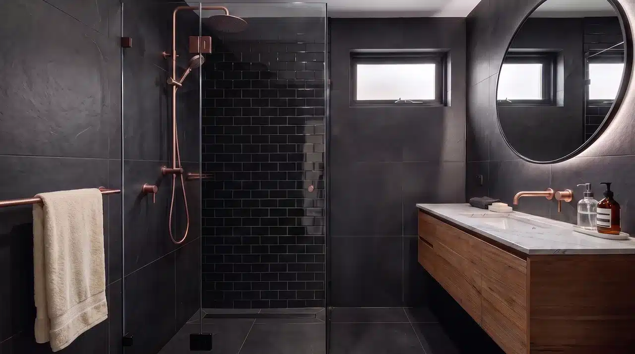black on black matte and gloss walls in dark bathroom