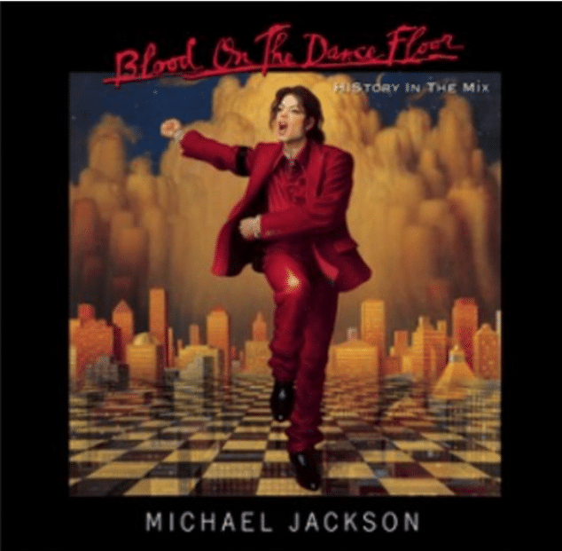 Blood on the Dance Floor: HIStory in the Mix album cover featuring a red-suited figure against an illustrated background.