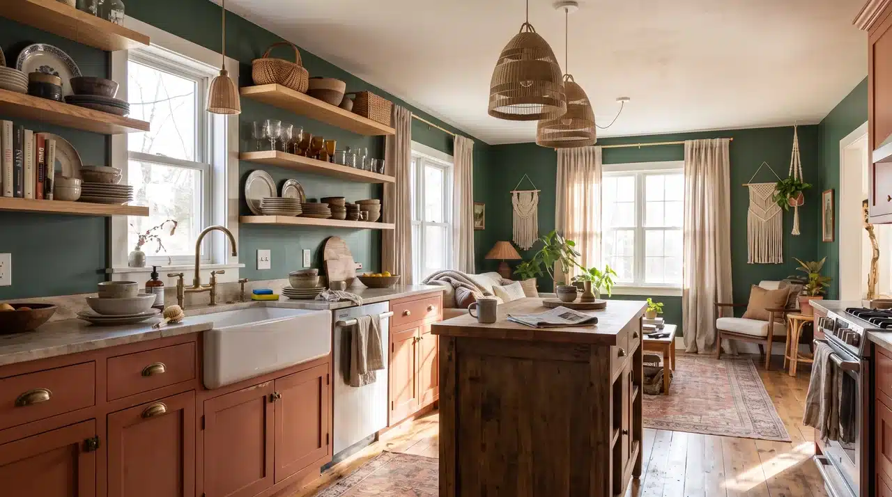 Bohemian kitchen style with terracotta lower cabinets and mixed ceramic tile floor