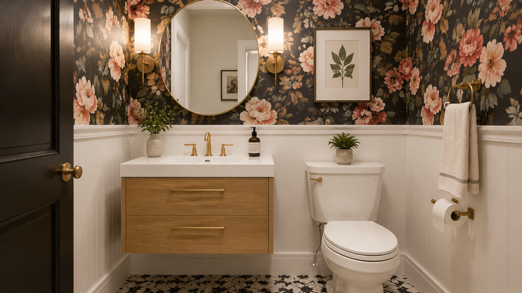 Bold botanical wallpaper adds personality to a small half bathroom with a compact vanity, mirror, and warm lighting.