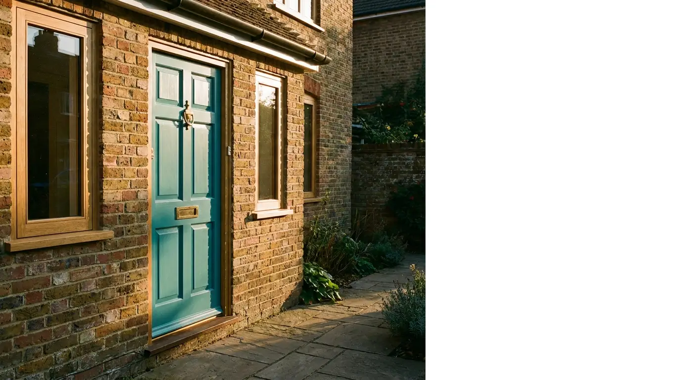 Teal front door on brick house with wooden windows in sunny setting