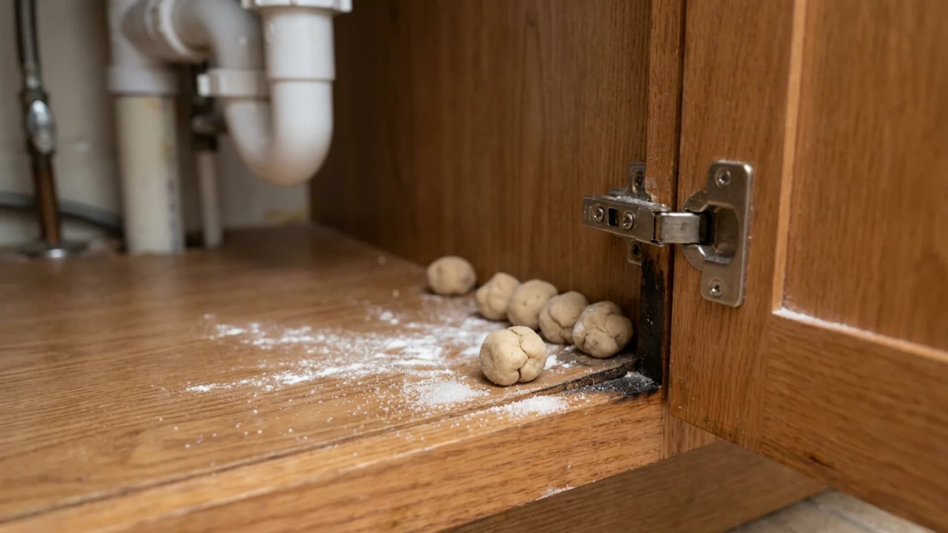 Boric Acid Dough Balls: Small marble-sized dough balls dusted with white flour, placed near a cabinet hinge and plumbing under a kitchen sink, close-up shot.