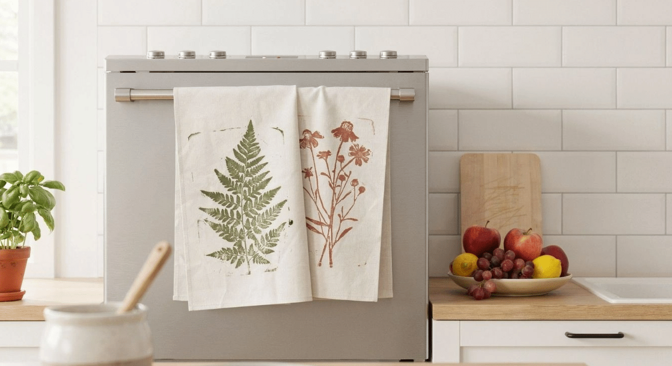 Botanical ink stamped tea towels hanging in a kitchen