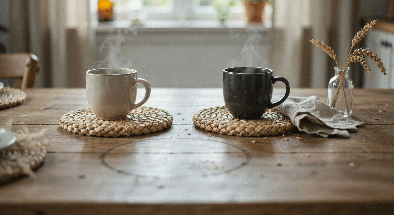 Braided wheat coasters under mugs on a wooden dining table