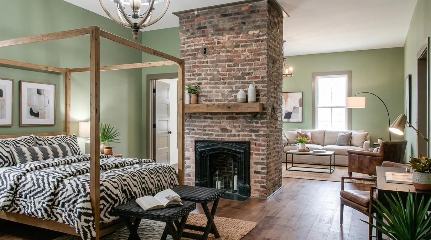 Exposed brick fireplace accent wall with rustic decor and a warm living room design.