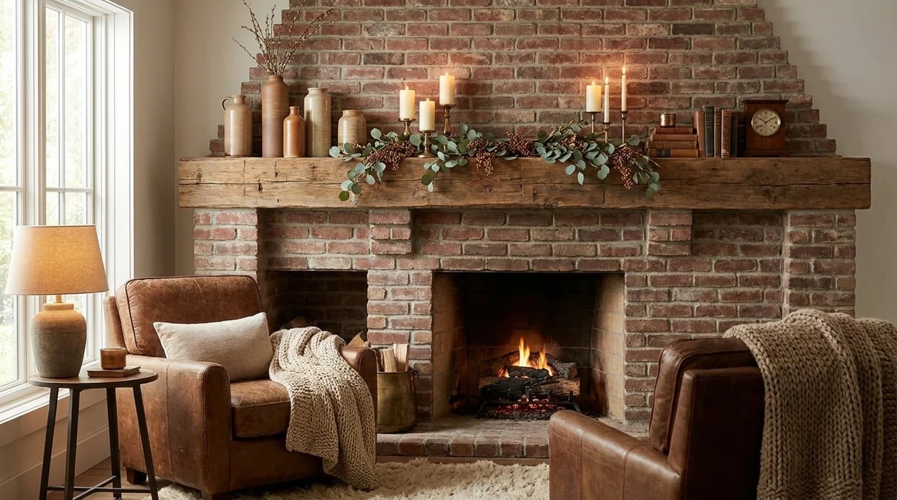 Brick fireplace mantel decorated with warm rustic accessories.
