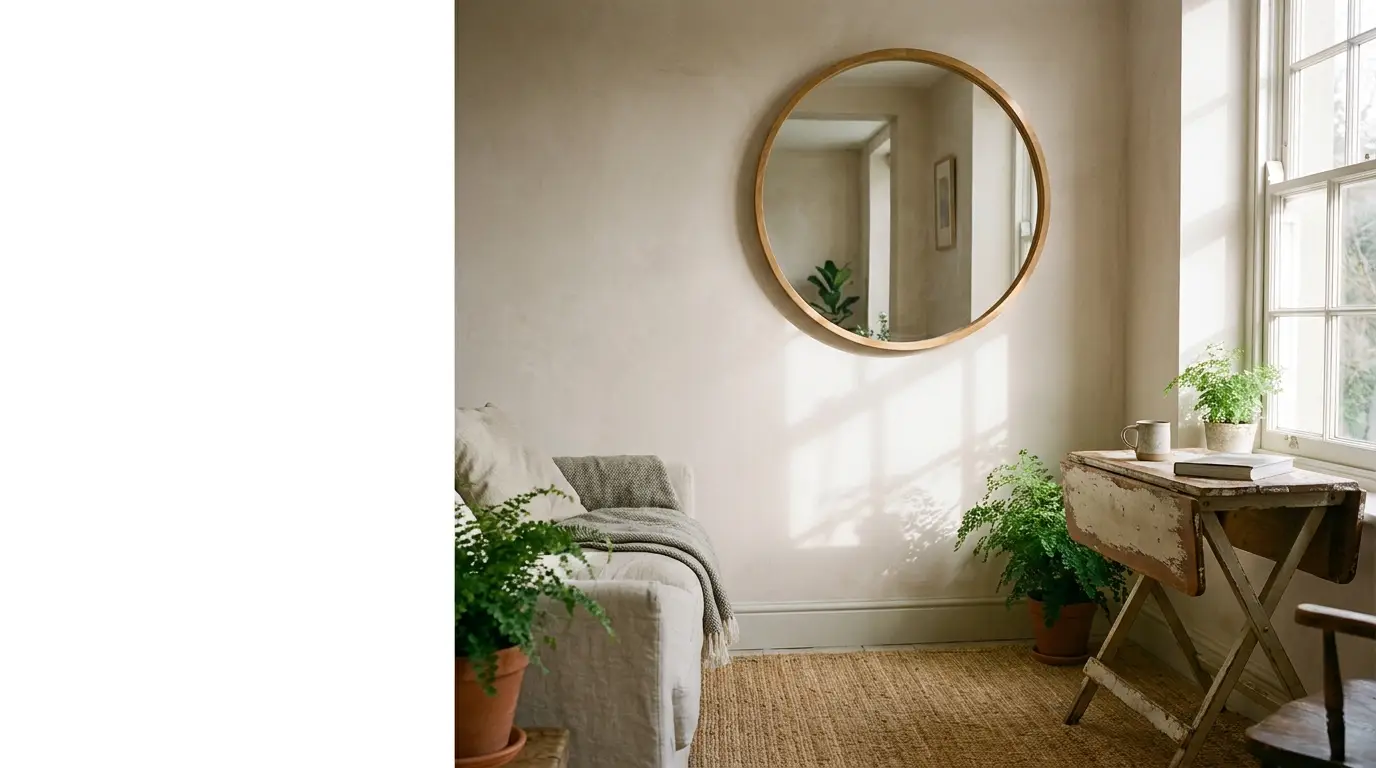 Cozy living room with round mirror, potted plants, and rustic wooden table in natural light