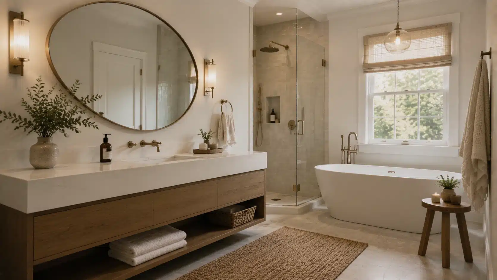 Bright white bathroom with a frameless glass shower enclosure creating an open, spacious, and seamless look.