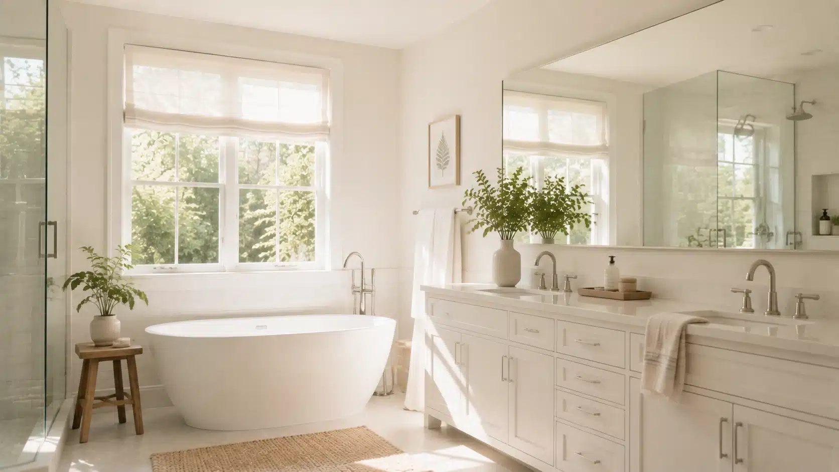 Bright white bathroom with large windows and mirrors reflecting natural light to create an airy open space.