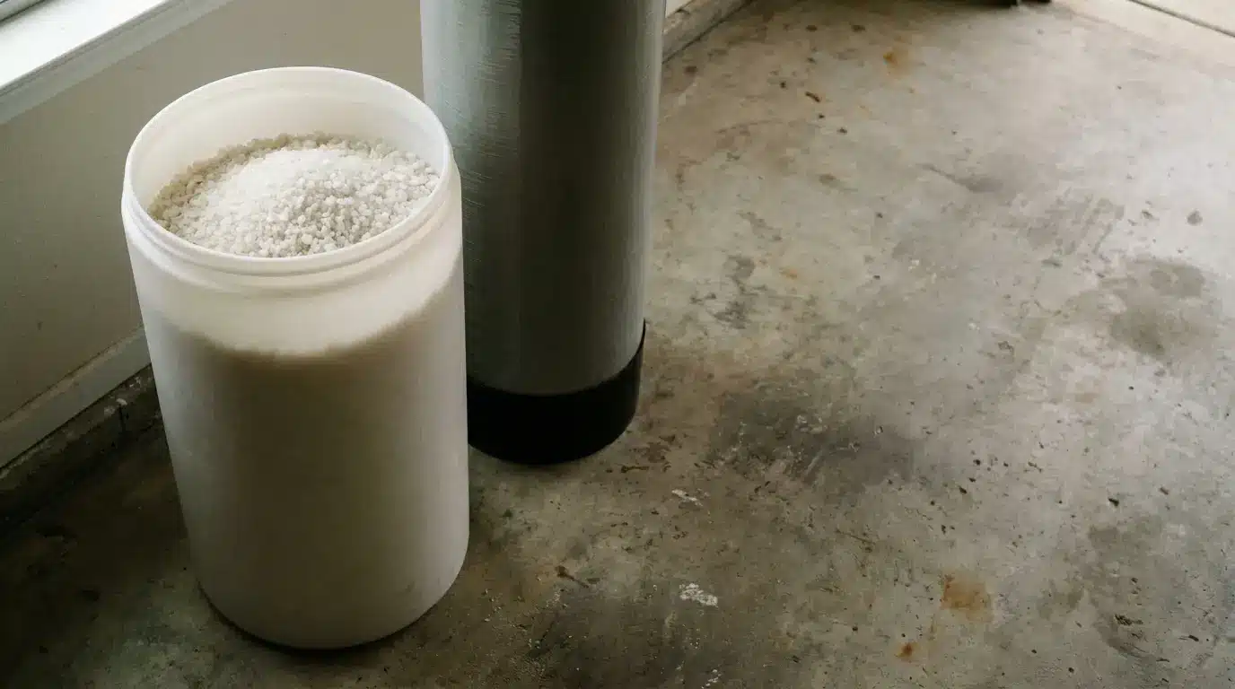 White container filled with granular salt next to cylindrical tank on concrete floor